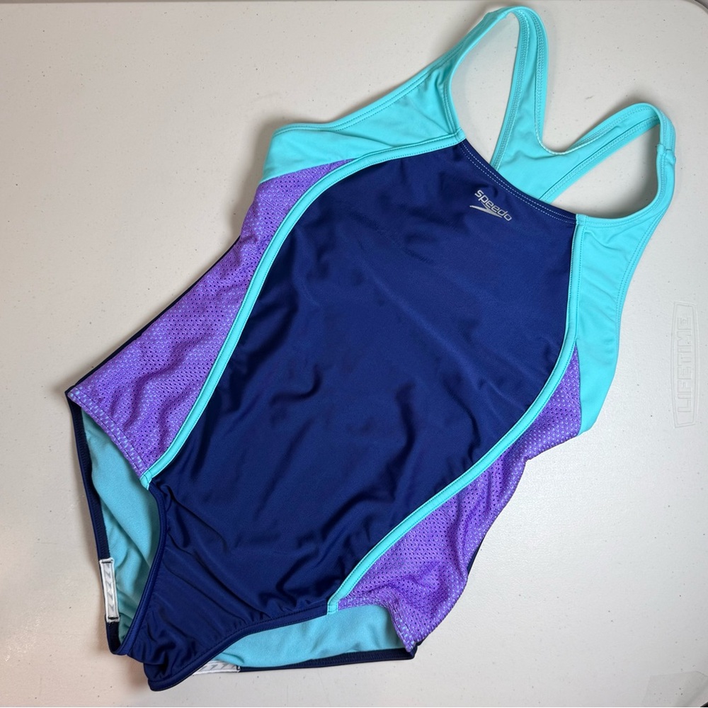 Speedo Girls' Mesh Thick Strap One-Piece Swimsuit in navy and purple size 16